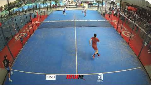 ReplayMe camera field of view: full blue padel court seen from above the back glass